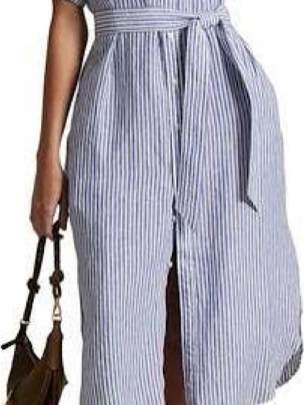 Ralph Lauren Blue and White Linen Striped Midi Shirt Dress with Self Tie - Picture 2 of 4